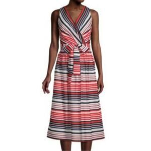 Tommy Hilfiger Striped Faux Wrap Midi Dress - Red White Blue - Size 10